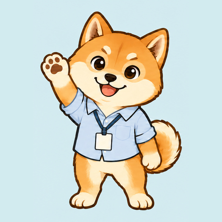 薄青のシャツと社員証をつけた柴犬のしばた