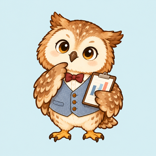 青いベストと蝶ネクタイでグラフを持つフクロウのふく部長
