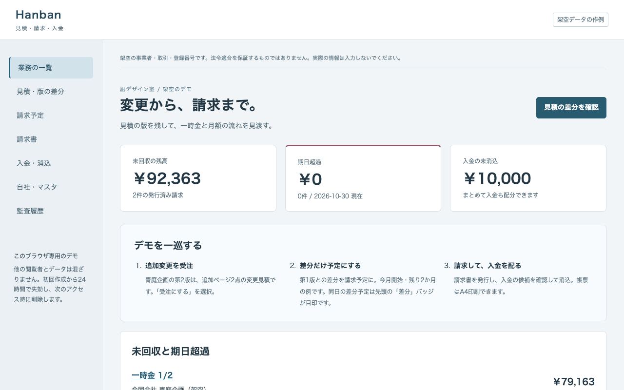 Hanbanの見積・請求・入金画面（架空データ）