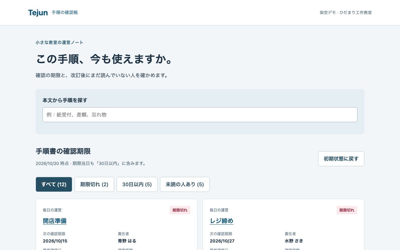 Tejunの手順書の確認期限と既読管理画面（架空データ）