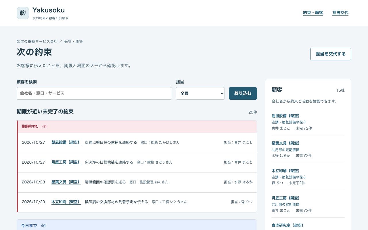 Yakusokuの顧客との約束を引き継ぐ顧客管理画面（架空データ）